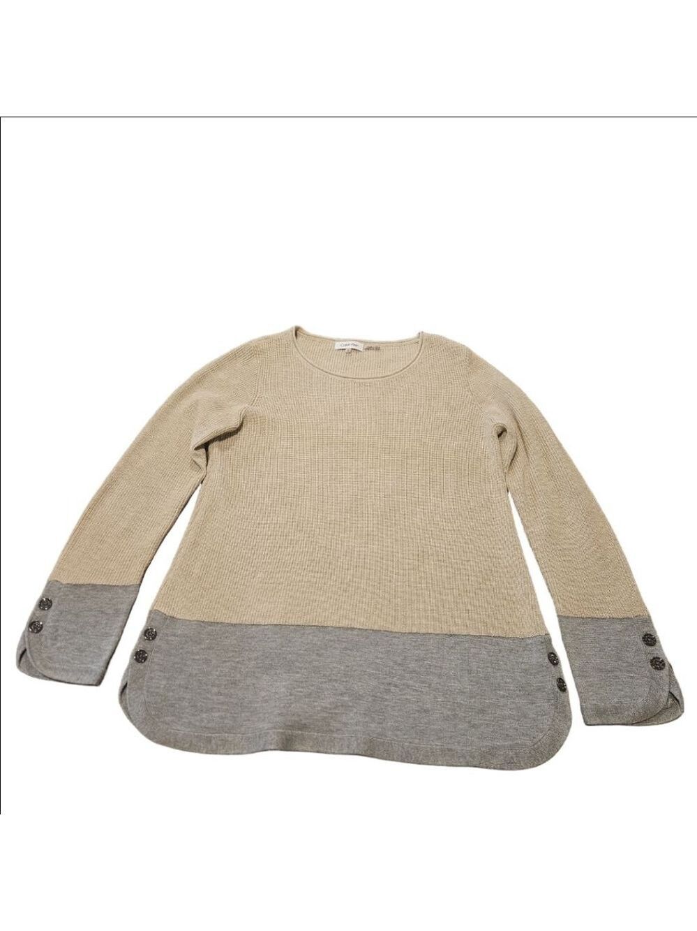 Women's Calvin Klein Beige Gray Round Neck Knit Pullover Sweater Small